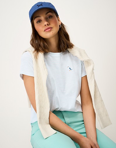 Embroidered Cotton-Slub Crew Tee in Blue Stripe
