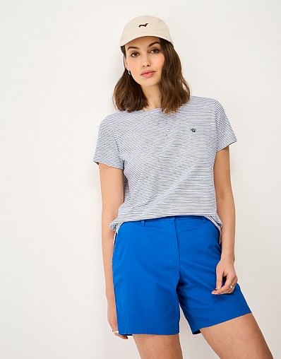 Embroidered Cotton-Slub Crew Tee in Navy Stripe
