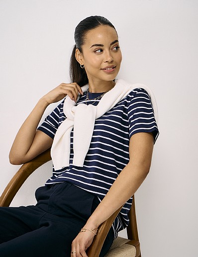Relaxed Fit Cotton T-Shirt in Navy and White Stripe