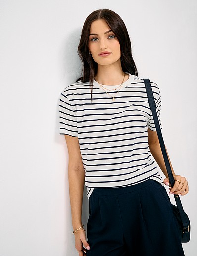 Relaxed Fit Cotton T-Shirt in White and Navy Stripe