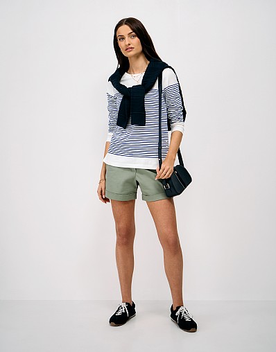 Cassandra Long-Sleeve Cotton Top in White and Blue Stripe