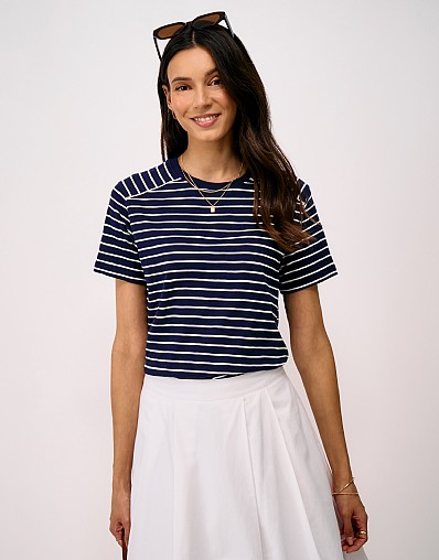 Shoulder Detail Cotton Jersey T-Shirt in Navy and White Stripe