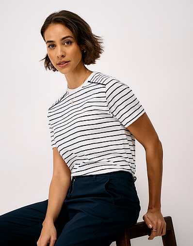 Shoulder Detail Cotton Jersey T-Shirt in White and Navy Stripe