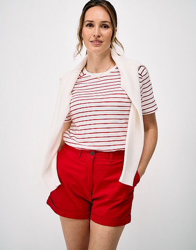 Shoulder Detail Cotton Jersey T-Shirt in White and Red Stripe
