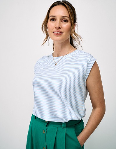 Gathered Detail Cap-Sleeve Top in Blue & White Stripe