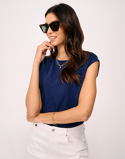 Gathered Detail Cap-Sleeve Top in Navy