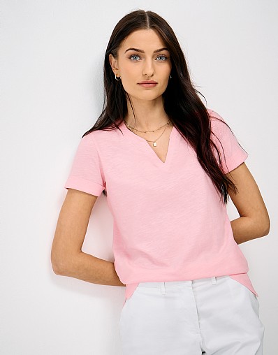 Notch Neck Cotton T-Shirt in Orchid Pink