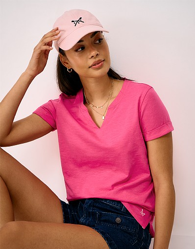 Notch Neck Cotton T-Shirt in Raspberry Pink