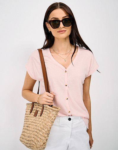 Casual Slubbed Cotton-Linen Blend Button Top in Pink