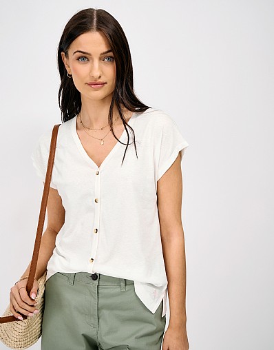 Casual Slubbed Cotton-Linen Blend Button Top in White