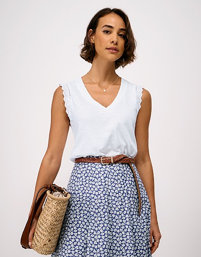 Cotton-Linen Broderie Anglaise-Trim Vest in White