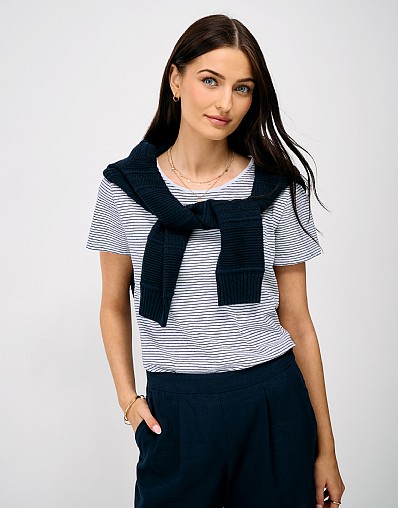 Linen Blend Stripe T-Shirt in White and Navy