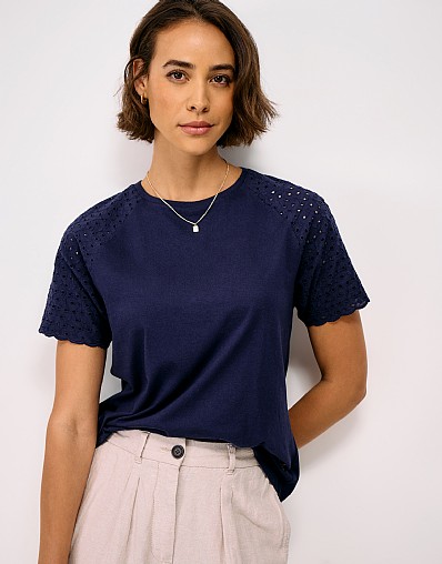 Cotton Broderie Anglaise Top in Navy