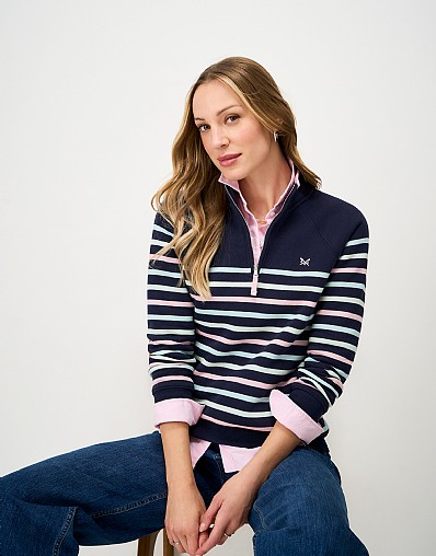 Half-Zip Stripe Sweatshirt in Navy, Pink & Green