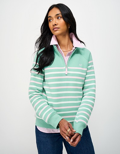 Half Zip Sweatshirt in Pool Green With White & Pink Stripes