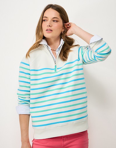 Half Zip Sweatshirt in White, Green & Blue Stripes