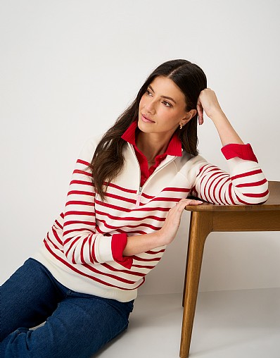 Half Zip Sweatshirt in White & Red Stripes