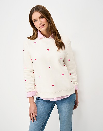 Heart Embroidered Cotton-Mix Crew Sweatshirt in White