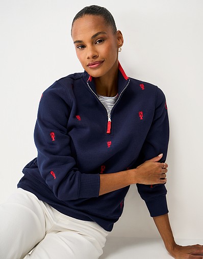 Embroidered Half Zip Sweat in Navy
