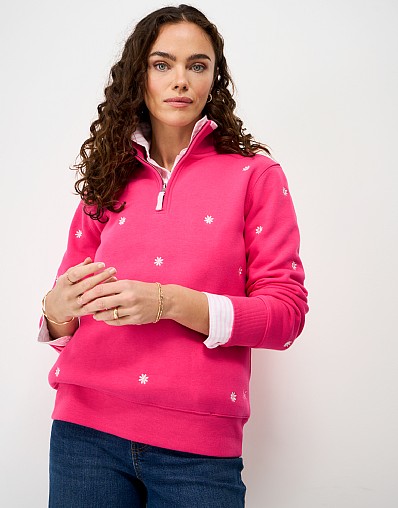 Embroidered Half Zip Sweat in Pink Daisy