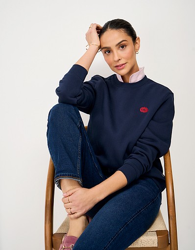 Embroidered Crew-Neck Sweatshirt in Navy Lips