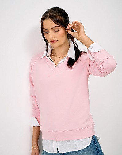 Cotton V-Neck Raglan Sweatshirt in Pink