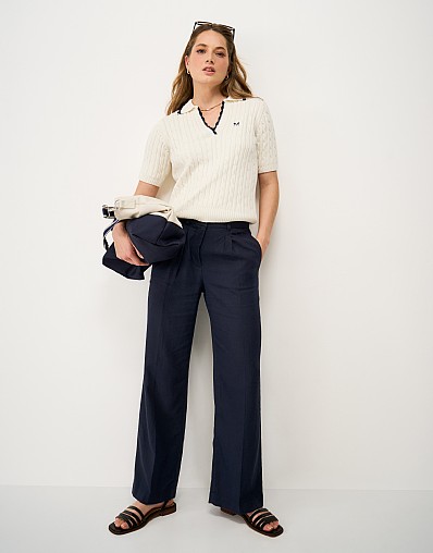 Linen Blend Wide Leg Trousers in Navy