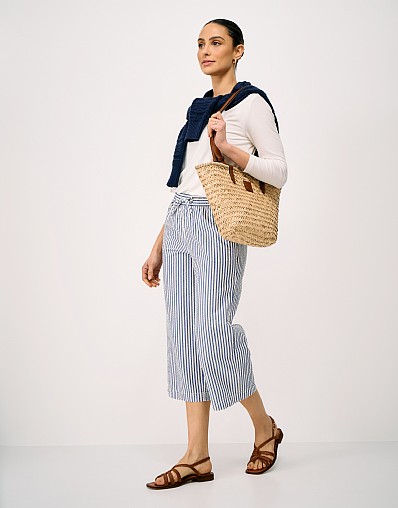 Seersucker Wide Leg Cotton Trousers in White and Blue Stripes