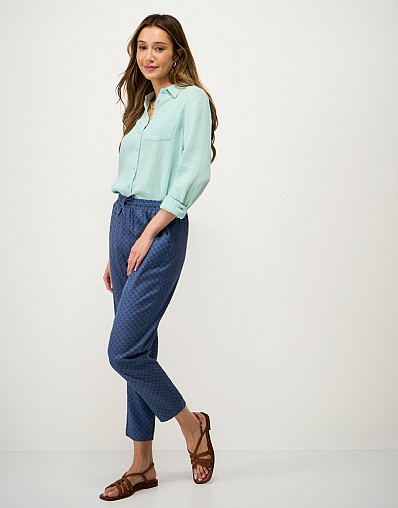 Tapered Viscose-Blend Trousers in Blue Shell Geo Print