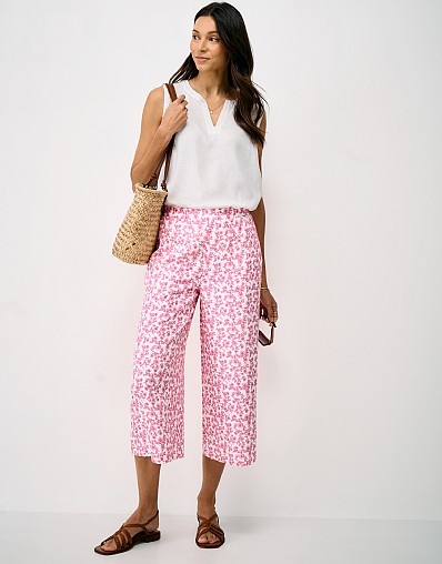 Cropped Wide-Leg Viscose-Tencel Trousers in Pink Floral Print
