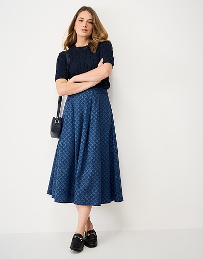 Gabby Cotton Skirt in Navy Shell Print