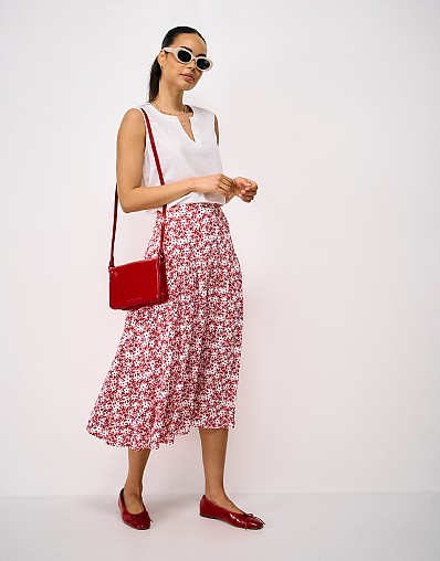 Dara Midi Skirt in Red and White Daisy Print