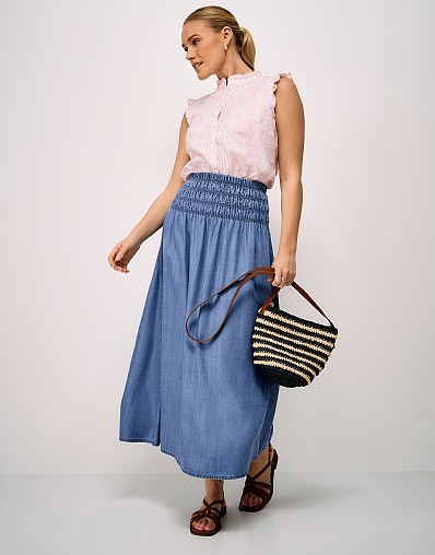 Stella Shirred-Waist Skirt in Denim