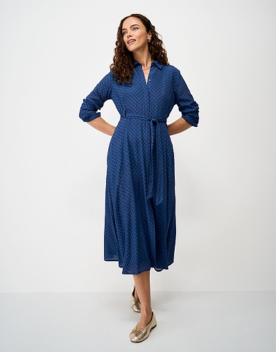 Sadie Long Sleeve Shirt Dress in Navy Shell Print
