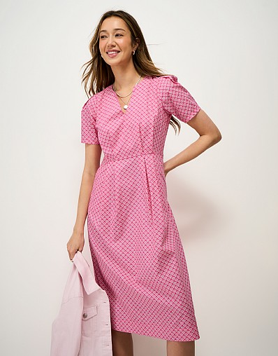 Gabby Cotton Notch-Neck Midi Dress in Pink Shell Print