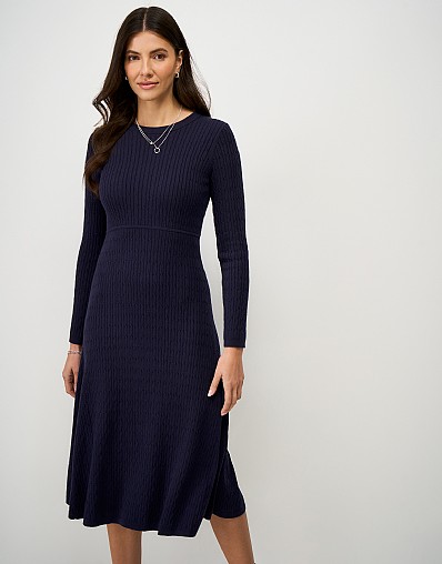 Roxy Fit and Flare Cable Midi Knit Dress in Navy