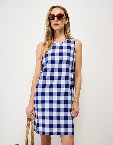 Charlotte Linen-Blend Shift Dress in Blue & White Gingham