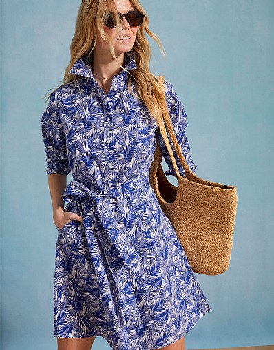 Eleanor Palm Printed Shirt Dress in Navy and White