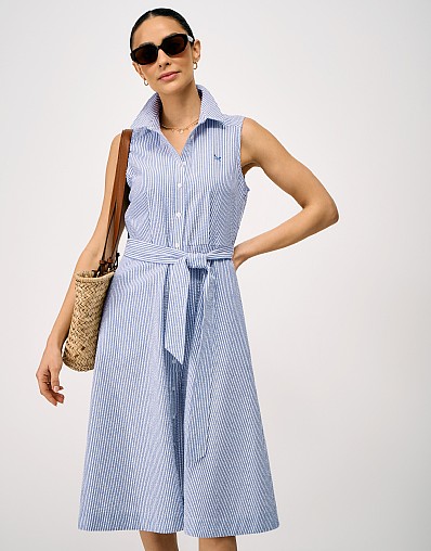 Dara Sleeveless Shirt Dress in Blue and White Stripes