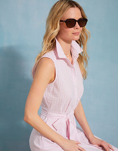 Dara Sleeveless Shirt Dress in Pink Gingham