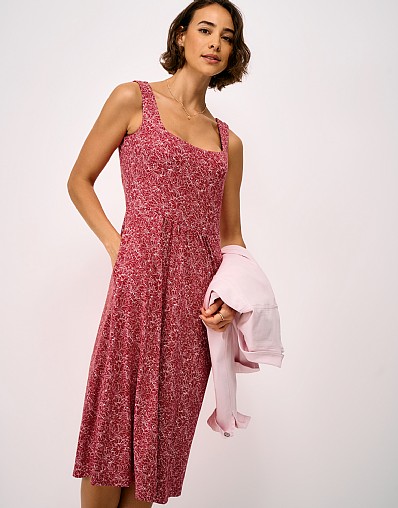 Polly Sleeveless Jersey Dress in Red Hibiscus Print