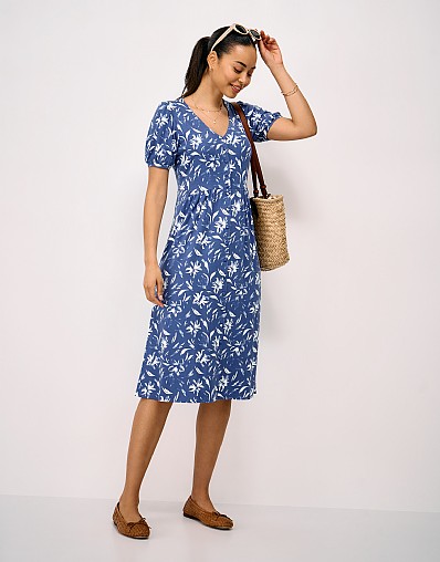 Kiki Button Jersey Dress in Blue Floral Print