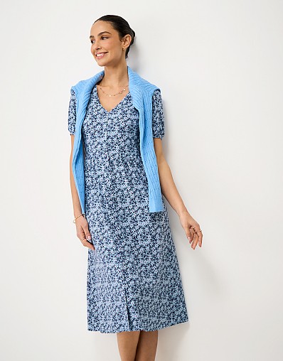 Kiki Button-Through Jersey Dress in Blue Daisy Print