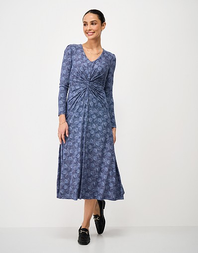 Flora Long-Sleeve Twist-Front Dress in Deep Blue Floral Print