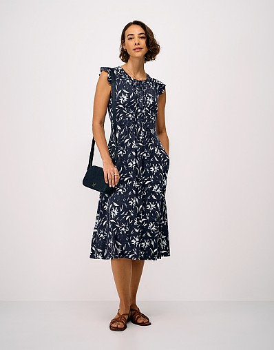 Lydia Frill Sleeve Jersey Dress in Navy and White Floral