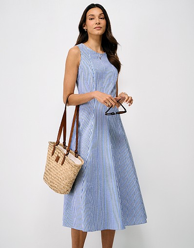 Flo Cotton Fit-&-Flare Dress in Blue Stripe