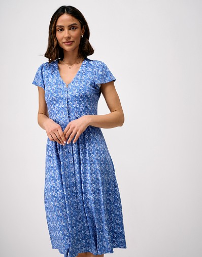 Alyssia Button Through Paisley Jersey Dress in Blue