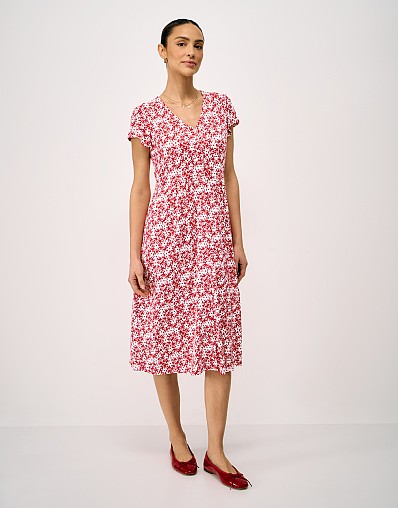 Alyssia Button Through Floral Jersey Dress in Red