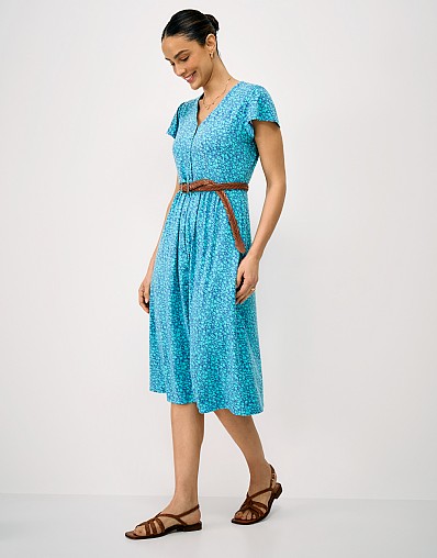 Alyssia Button Through Floral Jersey Dress in Turquoise