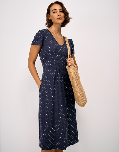 Myla Jersey Midi Dress in Navy and White Polka Dots